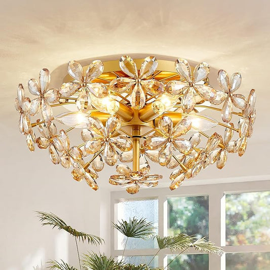 Modern K9 Crystal Chandeliers, Chic Style Close to Ceiling Light Fixture for Living Room, Bedroom, Dining Room, D18 x H8 in, Champagne Flower Crystal & Gold Finish Frame