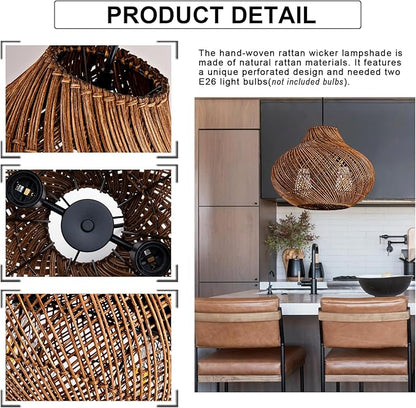 15in Rattan Light Fixture, 2-Light Wicker Woven Chandelier Rustic Pendant Lights Rattan Hanging Lamp for Kitchen Island Dining Room Yard Restaurant Garden Design