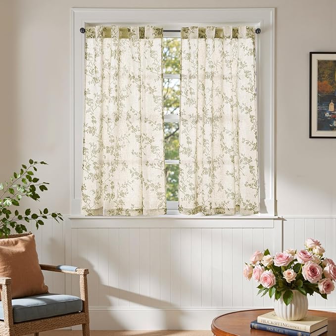 jinchan Floral Kitchen Curtains 45 Inch Linen Tier Curtains Farmhouse Cafe Half Window Drapes for Small Windows Light Filtering Sage Green on Beige for Living Room Bathroom Back Tab 2 Panels