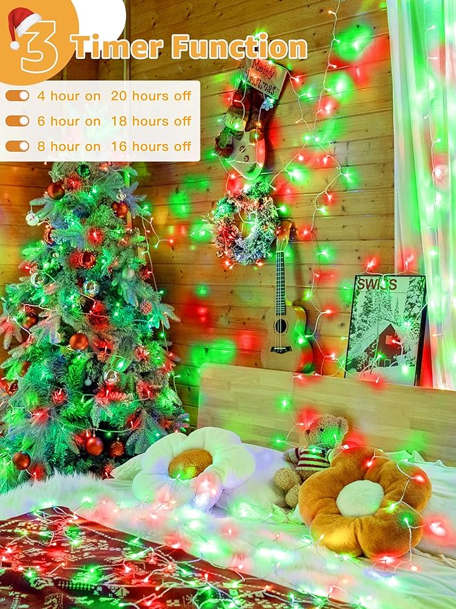 Guhope Christmas Lights 600 LED 98FT, Waterproof Outdoor String Lights with Remote and Timer, 8 Modes Dimmable Fairy Lights for Indoor Outdoor Wedding Party Holiday Decorations (Red and Green)