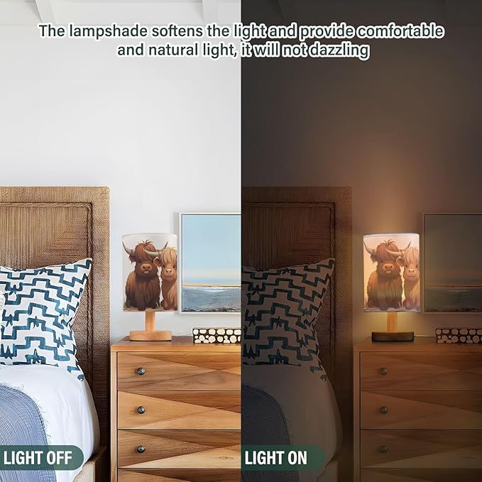 Bedside Table Lamp Fun Highland Cow Animal Nightstand Lamp with Wood Desk Lamps for Bedroom Living Room Nursery Office Home Decor