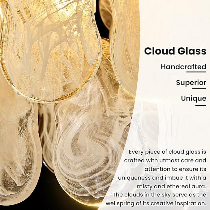 Gold Modern Crystal Chandeliers 16.4in 2 Tier Pendant Light Fixtures 6-Light Round Cloud Glass Chandelier White and Gold Hanging Lighting for Dining Living Room Kitchen Island Bedroom Hallway