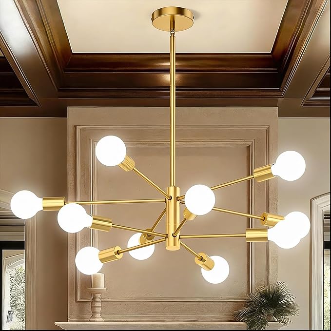 Sputnik Chandelier 10-Light, Mid Century Modern Height Adjustable Ceiling Light Fixture for Dining Room, Kitchen Island, Living Room,Bedroom-Gold