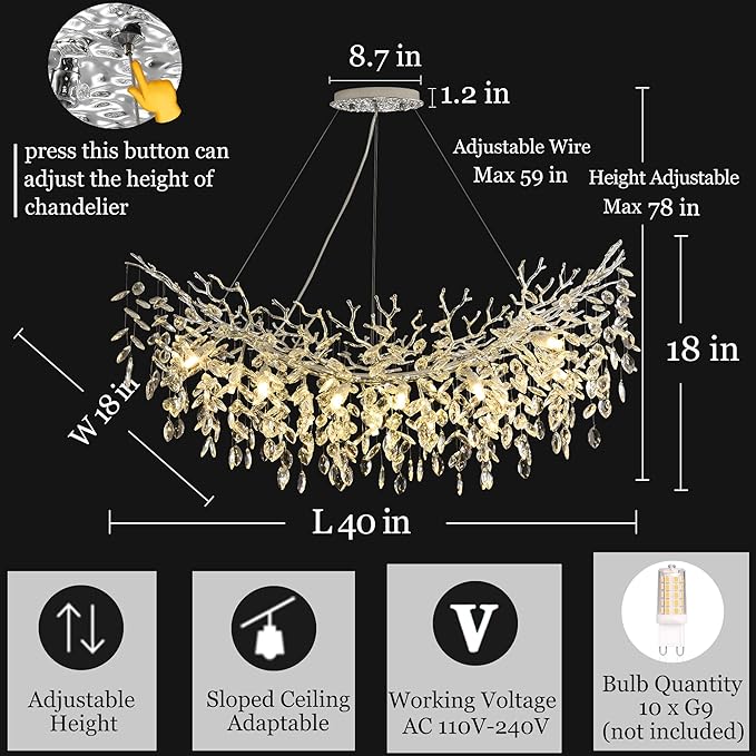 Rectangle Crystal Tree Branch Chandelier, L40'' Modern Luxury Chrome Linear Art Deco Raindrop Pendant Lighting Fixture for Kitchen Island Foyer Living Room Dining Room 10 Lights