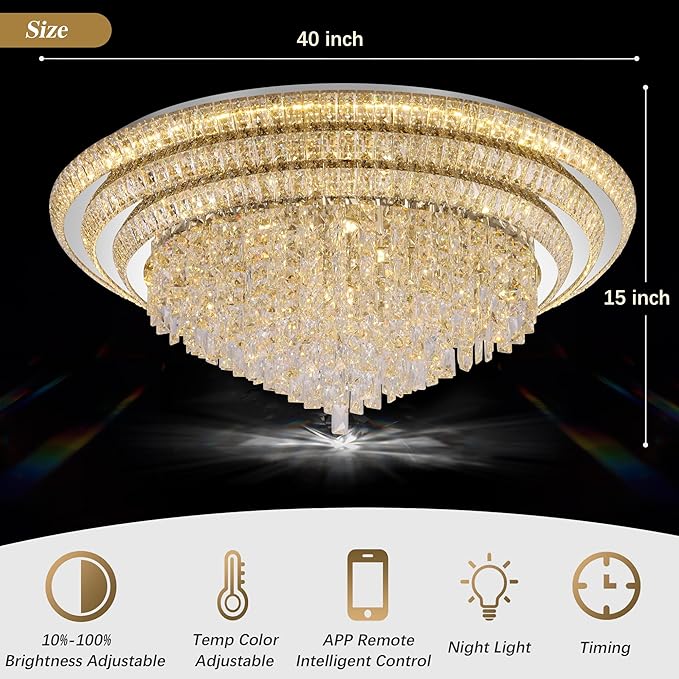 40 inch Crystal Silver Ceiling-Light Flush Mount With Remote Control and APP, 3CCT Dimmable & Brightness Adjustable, Modern Crystal Raindrop Chandeliers for Bedroom Hallway Dinning Room Living Room