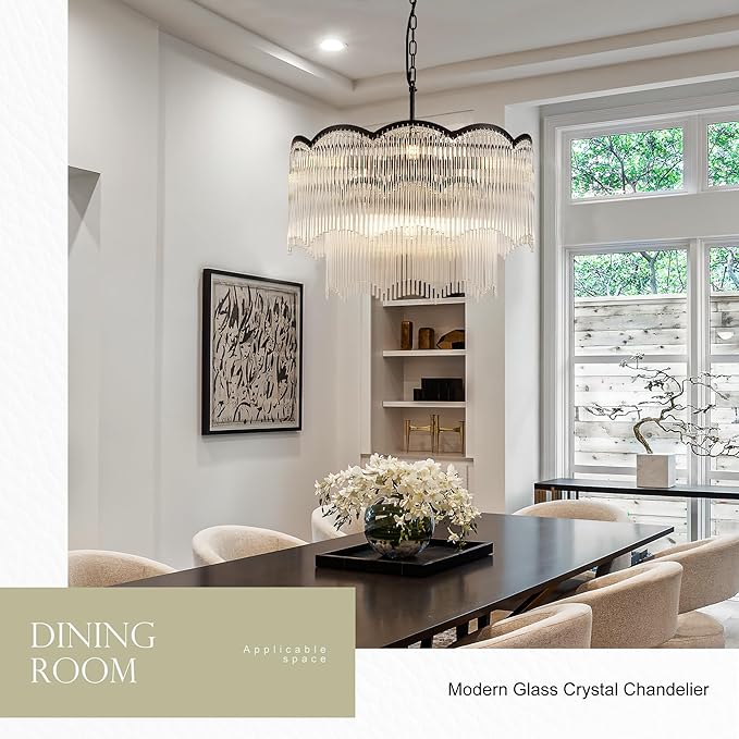 22.83" Black Clear Glass Crystal Chandelier 8-Light Modern Crystal Pendant Ceiling Light Fixture 2-Tier Luxury Glass Chandeliers,for Dining Room Kitchen Island Living Room Bedroom
