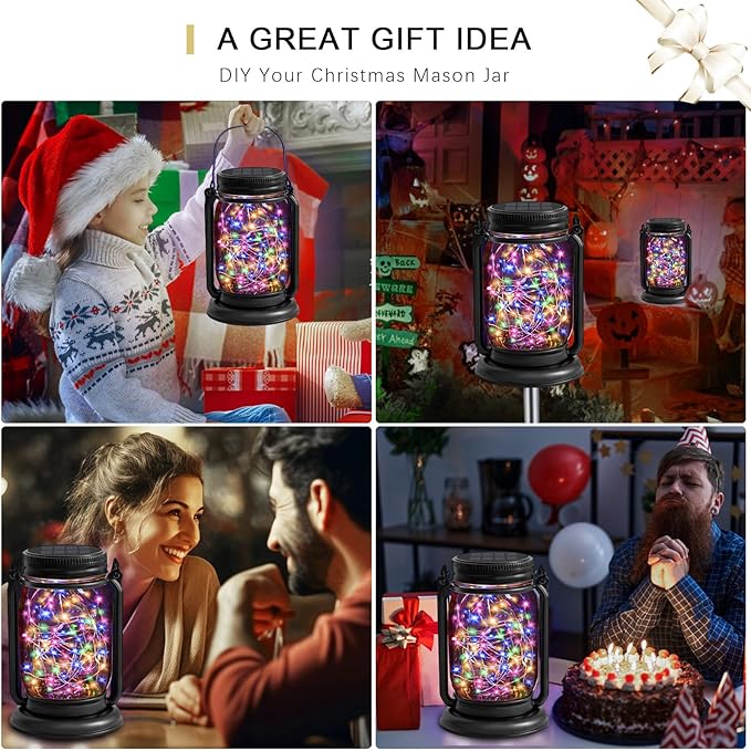 4 Pack Hanging Solar Lantern Lights, 30LED Vintage Glass Mason Jar Solar Fairy Lights Outdoor Decorative Waterproof Table Light with Stakes for Patio Yard Lawn Tree