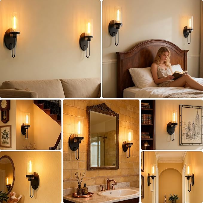 Bathroom Sconces Set of 2, Black Farmhouse Wall Sconce with Clear Glass Shade, Vanity Lights for Bathroom, Living Room, Bedroom, Hallway, Stairwell and Kitchen