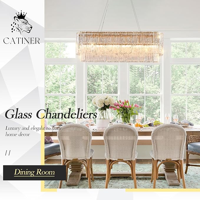 CATINER Gold Rectangle Chandeliers for Dining Room Modern Island Light Crystal Glass 6-Light Chandelier Rectangular Linear Pendant Hanging Ceiling Light Fixture for Kitchen L35.5”