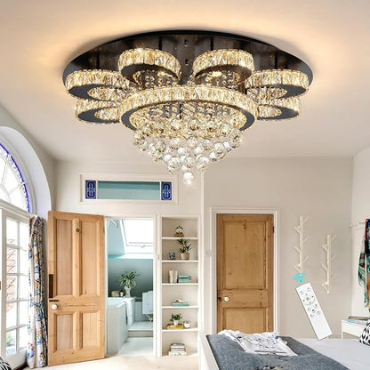 HAIXIANG Modern Chandelier Living Room Glam Chandeliers Ceiling Light Fixture Remote Dimmable Lights 32 Inches Luxury Crystal Black Light