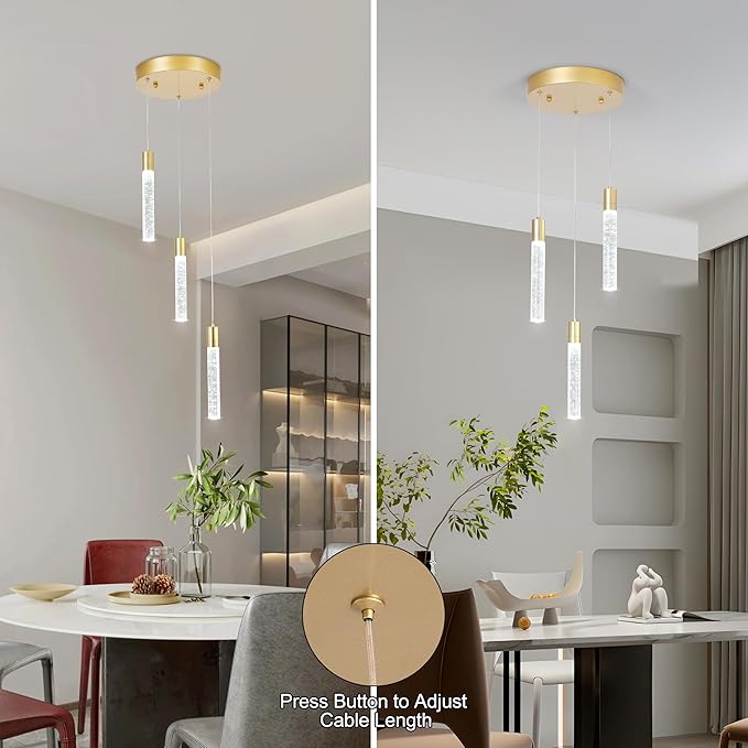 3 Light Pendant Lights Kitchen Island,Modern LED Bubble Crystal Pendants with Dimmable 3000K-6000K Ceiling Hanging Light Fixture for Dining Room Bedroom,Gold Finish,Adjustable Height 59"