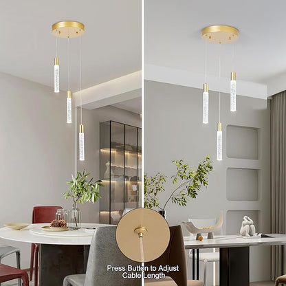 3 Light Pendant Lights Kitchen Island,Modern LED Bubble Crystal Pendants with Dimmable 3000K-6000K Ceiling Hanging Light Fixture for Dining Room Bedroom,Gold Finish,Adjustable Height 59"