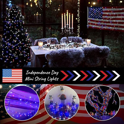 Memorial Day 4th of July Patriotic Decorations, Red White Blue Solar Fairy String Lights Outdoor Waterproof, 2Pack Total 200LED 66Ft, IP67 8 Modes Outside for Garden, Patio, Yard