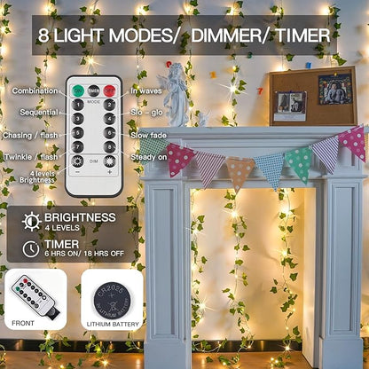 suddus Vines with Light for Bedroom, 200 LED Fairy Lights with Vines, Ivy Curtain Lights for Dorm, Wedding, Party, Wall, Indoor, Outdoor Decor, 6.5ft x 6.5ft with Remote（Warm White）