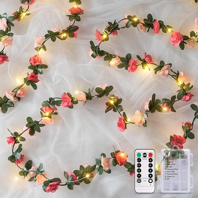 JMEXSUSS Rose Pink Flower Lights, 48 LED 15.75 FT Artificial Rose Vine Lights Battery Operated, Hanging Flower Vines Floral Garland Decorations for Indoor Bedroom Table Wedding Decor(Warm White)
