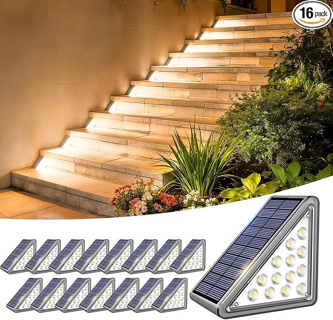 Solar Step Lights Outdoor Waterproof IP65,Warm White Solar Stair Lights, Outdoor Light Decor for Stair, Deck, Step, Porch and Outside Patio, 16 Pack