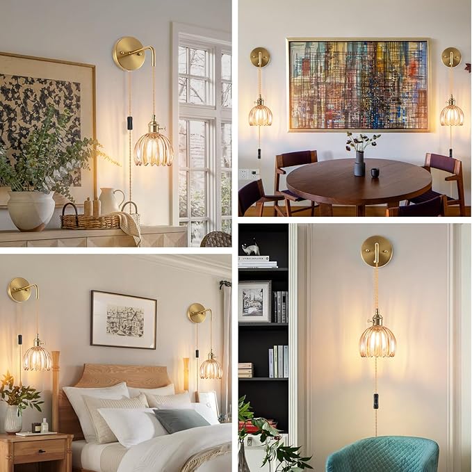 Plug-in Wall Sconce (Set of 2), Vintage Wall Decorative Lamp with Amber Glass Shade, Indoor Plug-in Wall Sconce for Bedroom, Living Room, Hallway