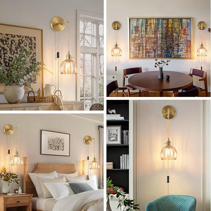 Plug-in Wall Sconce (Set of 2), Vintage Wall Decorative Lamp with Amber Glass Shade, Indoor Plug-in Wall Sconce for Bedroom, Living Room, Hallway