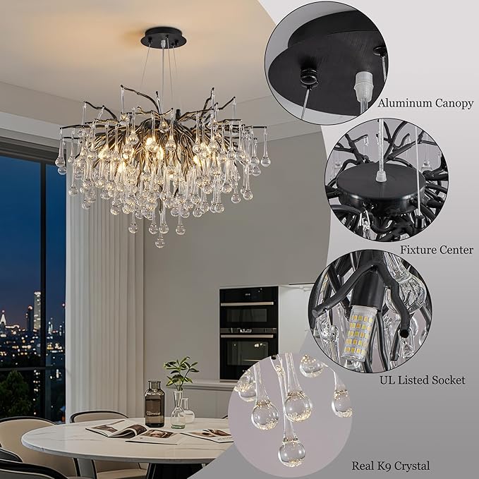 Modern Crystal Raindrop Chandelier, Black Round Art Deco Tree Branch Lighting Fixture for Dining Room Living Room Foyer 13 Lights D31.5''