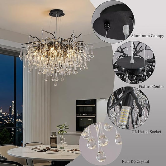 Modern Crystal Raindrop Chandelier, Black Round Art Deco Tree Branch Lighting Fixture for Dining Room Living Room Foyer 13 Lights D31.5''
