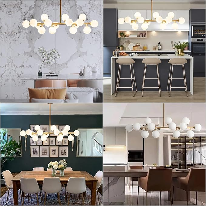 Mid Century Modern Chandelier Gold Linear Sputnik Chandeliers 16-Light Rectangular Pendant Lighting Fixture for Dining Room, Kitchen Island