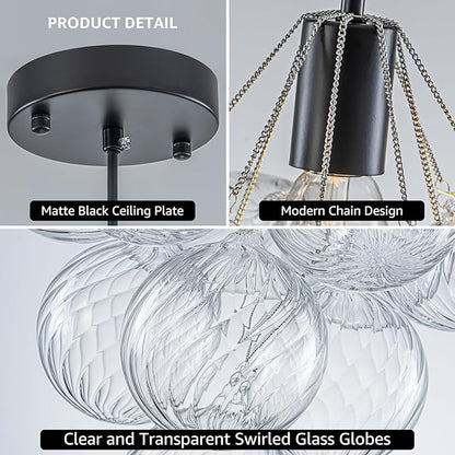 GoYeel Black Small Chandeliers 14.17", Modern Bubble Glass Pendant Light Fixture Dining Room Chandelier Ceiling Lights with 10 Swirled Globe or Foyer Bedroom Kitchen, 1 Light Include E26 Bulb