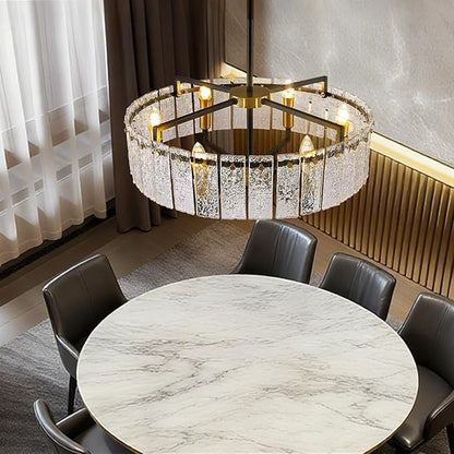 23.62" Gold Water Ripple Glass Chandeliers, 6-Light Modern Round Chandelier, Luxury Drum Chandelier Lighting Fixtures for Living Room Dining Room Kitchen Bedroom Foyer Hotel