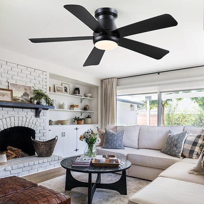 Hounberi 46 Inch Low Profile Ceiling Fan with Light, Modern Flush Mount Ceiling Fans for Low Ceilings, Quiet DC Motor Bedroom Fan, 3CCT Dimmable, Reversible Blades, High Airflow, Energy Saving, Black