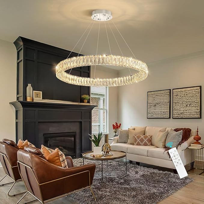 HAIXIANG Modern Crystal Chandelier Dimmable LED Ring Pendant Chandeliers Light Adjustable Glam Hanging Lighting Fixtures for Dining Room Living Room Bedroom Silver Light