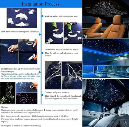 AZIMOM Car Use 6W RGBW 550pcs 0.03in 13.1ft Fiber Optic Lights Starlight Ceiling Light Kit End Glow Optic Cable Music Mode APP Remote Sensory Lighting Indoor Home Headliner Decoration