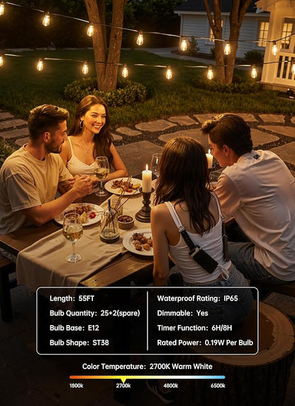 Minetom 55FT Outdoor String Lights with Remote, 25+2 Shatterproof ST38 LED Bulbs, Waterproof Patio Lights with 3 Modes, Dimmable & Connectable 2700K Hanging Lights for Backyard Porch Deck Balcony