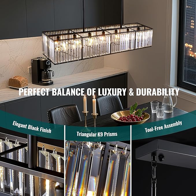 Siljoy Modern Crystal Chandelier for Dining Room, 7 Lights Black Large Rectangular Farmhouse Crystal Chandelier Industrial Rectangle Pendant Ceiling Light for Living Room Kitchen Island Bar L47''