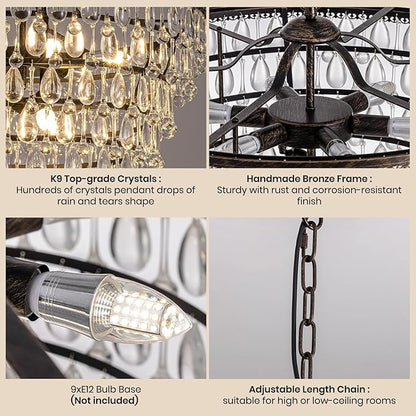 7PM Vintage Crystal Chandelier for Dining Room,28-inch Antique Crystal Ceiling Light Fixture, 5-Tier Bronze Chandelier for Living Room, Kitchen Island, Bedroom, Entryway