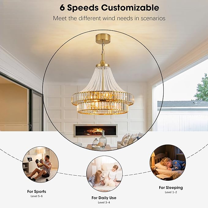 24“ Modern Crystal Chandelier Ceiling Fan with Lights, Remote & App Control, 6-Speed Reversible Large Fandelier, Double Layer Design for Bedroom, Living Room (Luxury Gold)