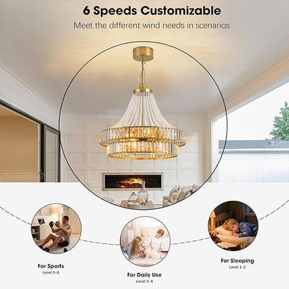 24“ Modern Crystal Chandelier Ceiling Fan with Lights, Remote & App Control, 6-Speed Reversible Large Fandelier, Double Layer Design for Bedroom, Living Room (Luxury Gold)