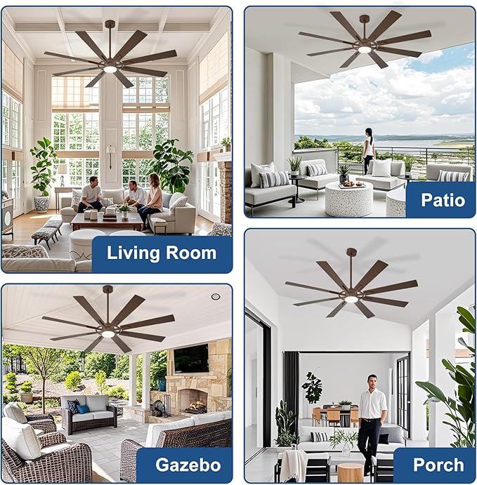 Large Ceiling Fans with Lights: Modern 72 Inch 8 Blade Outdoor Ceiling Fan with Remote APP Control - Dimmable Brown Big Fan light Indoor Reversible 6 Speed Quiet DC Motor