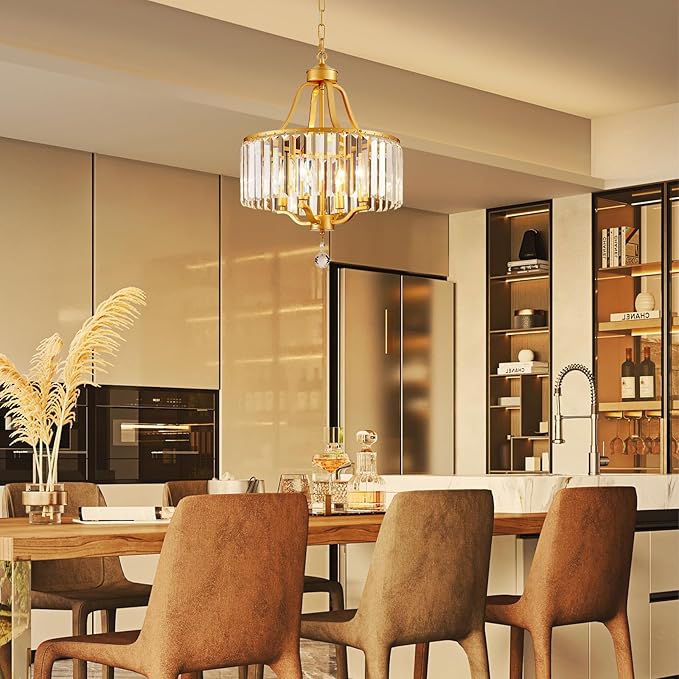 Gold Crystal Chandeliers for Dining Room, 4-Light Modern Round Chandeliers 15.7" for Living Room Kitchen Hallway Bedroom Foyer Hall, Adjustable Height Hanging Light Fixture