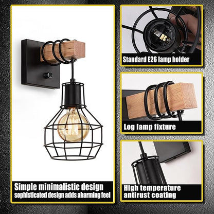 Set of 2 Industrial Wall Sconces with Dimmer ON/Off Switch, Farmhouse Wall Mount Light with Metal Cage Shade, Black Wall Lights Indoor for Kitchen Living Room