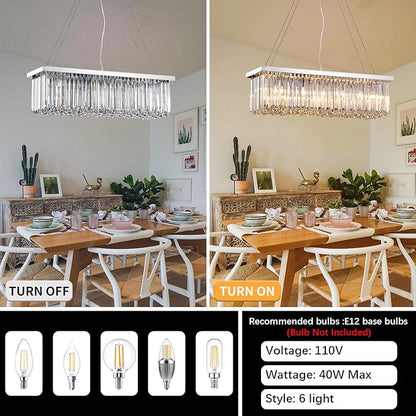 Modern Silver Rectangular Crystal Chandelier, Dining Room Chandeliers Over Table, Luxury Chrome Pendant Ceiling Light Fixtures for Kitchen Island, Living Room, Bar of CRYSTOP