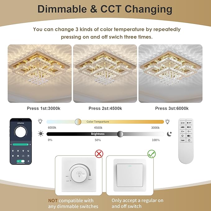 24 inch Flush Mount Chandelier Crystal Ceiling Light with Remote Control/APP, 3CCT Dimmable&Brightness Adjustable, Modern Crystal Raindrop Gold Chandeliers for Bedroom Hallway Dinning Room Living Room