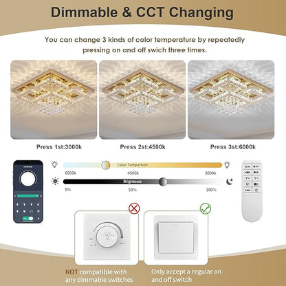 24 inch Flush Mount Chandelier Crystal Ceiling Light with Remote Control/APP, 3CCT Dimmable&Brightness Adjustable, Modern Crystal Raindrop Gold Chandeliers for Bedroom Hallway Dinning Room Living Room