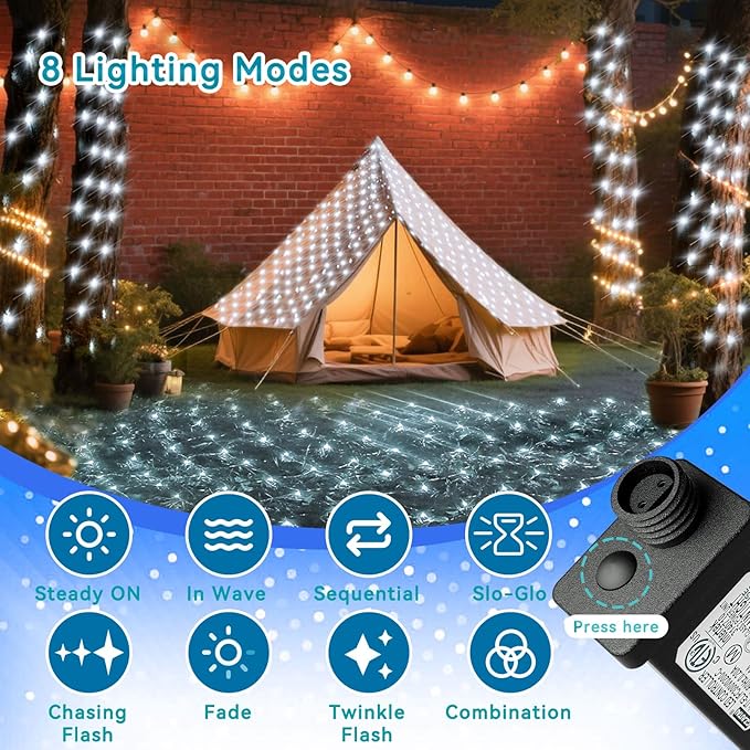 LitHome 610 LED 34.5ft x 5ft Outdoor Christmas Net Lights,Connectable Mesh Lights with 8 Modes,Waterproof Plug in Net Light for Bushes, Garden, Backyard, Holiday, Christmas(White)