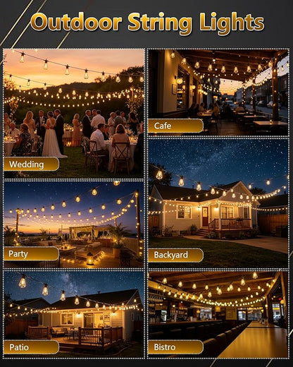 LED Outdoor String Lights 100FT, Waterproof Patio Lights with 52 (50+2 Spare ST38 Shatterproof Replaceable Bulbs), Connectable Dimmable Outside Hanging Light for Porch Garden Deck Bistro Backyard