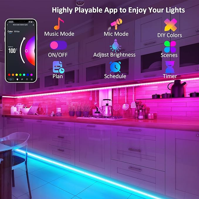 maylit 10 PCS 20In Smart RGB Under Cabinet Lights Kit, Work with Alexa and Google Assistant, App and Remote Control, Music Sync Color Changing, Timer, Dimmable, for Cabinet, Counter, Shelf, Bookcase