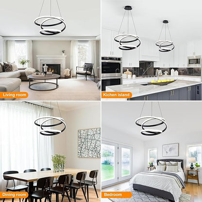 Mayful Modern Chandelier with Remote Control, 3-Color Dimmable LED Pendant Light Fixtures, Height Adjustable Kitchen Island Lighting for Dining Room,Bedroom,Living Room,Foyer,Office Black 19.7 inches