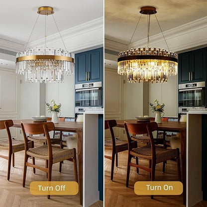 Modern Gold Crystal Chandelier, 9-Light 2-Tier Round Brushed Gold Raindrop Adjustable Flush Mount Pendant Light, E12 Base for Dining Room Living Room Foyer Entryway - 23.6" D