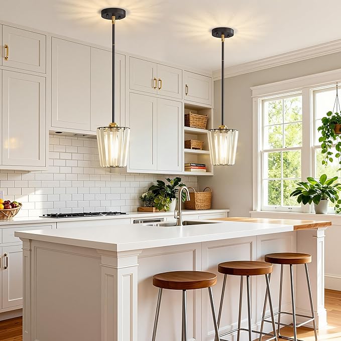 2 Pack Crystal Pendant Lights Kitchen Island - Modern Black and Gold Pendant Light Mini Adjustable Hanging Pendant Lights for Kitchen Island Dining Room Foyer Hallway