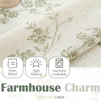 jinchan Floral Kitchen Curtains 36 Inch Linen Tier Curtains Farmhouse Cafe Half Window Drapes Over Sink Light Filtering Black on Beige for Living Room Laundry Tie Top 2 Panels