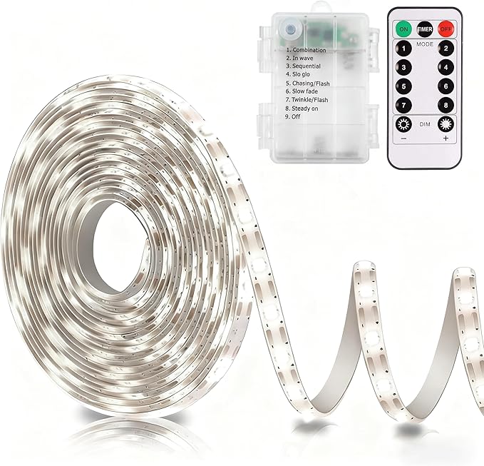 echosari Battery Operated Led Strip Lights White with Remote, 8 Modes, Dimmable, Timer, Self-Adhesive, Cuttable, for PC TV Kitchen Cabinet Shelves Bedroom Decor (3m 90LED)