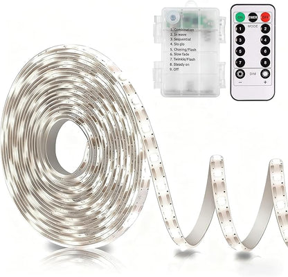 echosari Battery Operated Led Strip Lights White with Remote, 8 Modes, Dimmable, Timer, Self-Adhesive, Cuttable, for PC TV Kitchen Cabinet Shelves Bedroom Decor (3m 90LED)